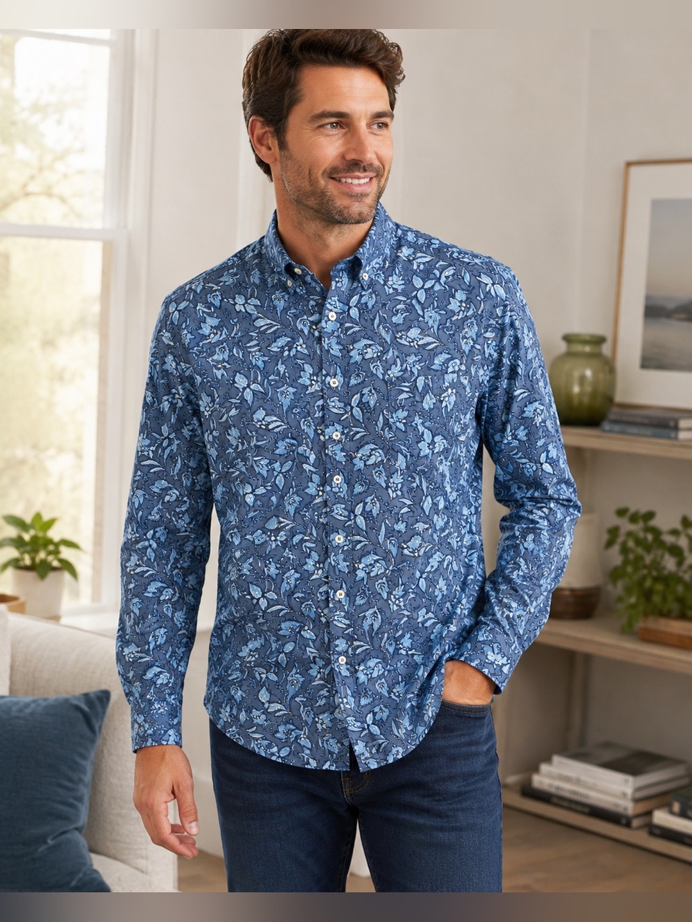 Boden Men’s Blue Floral Button-Down Shirt | Regular Fit | Size Medium
